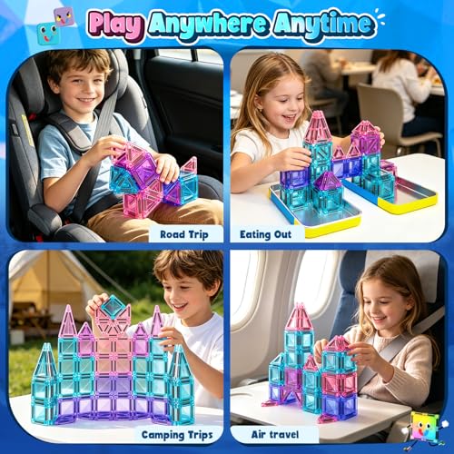 Image of Mini Magnetic Tiles Kids Toys Travel Essential Games STEM Educational Toys | Magnetic Building Blocks for Age 3-5 5-7 4-8, Boys Girls Christmas Birthday Gifts, Portable Creativity Boosting Sensory Toys