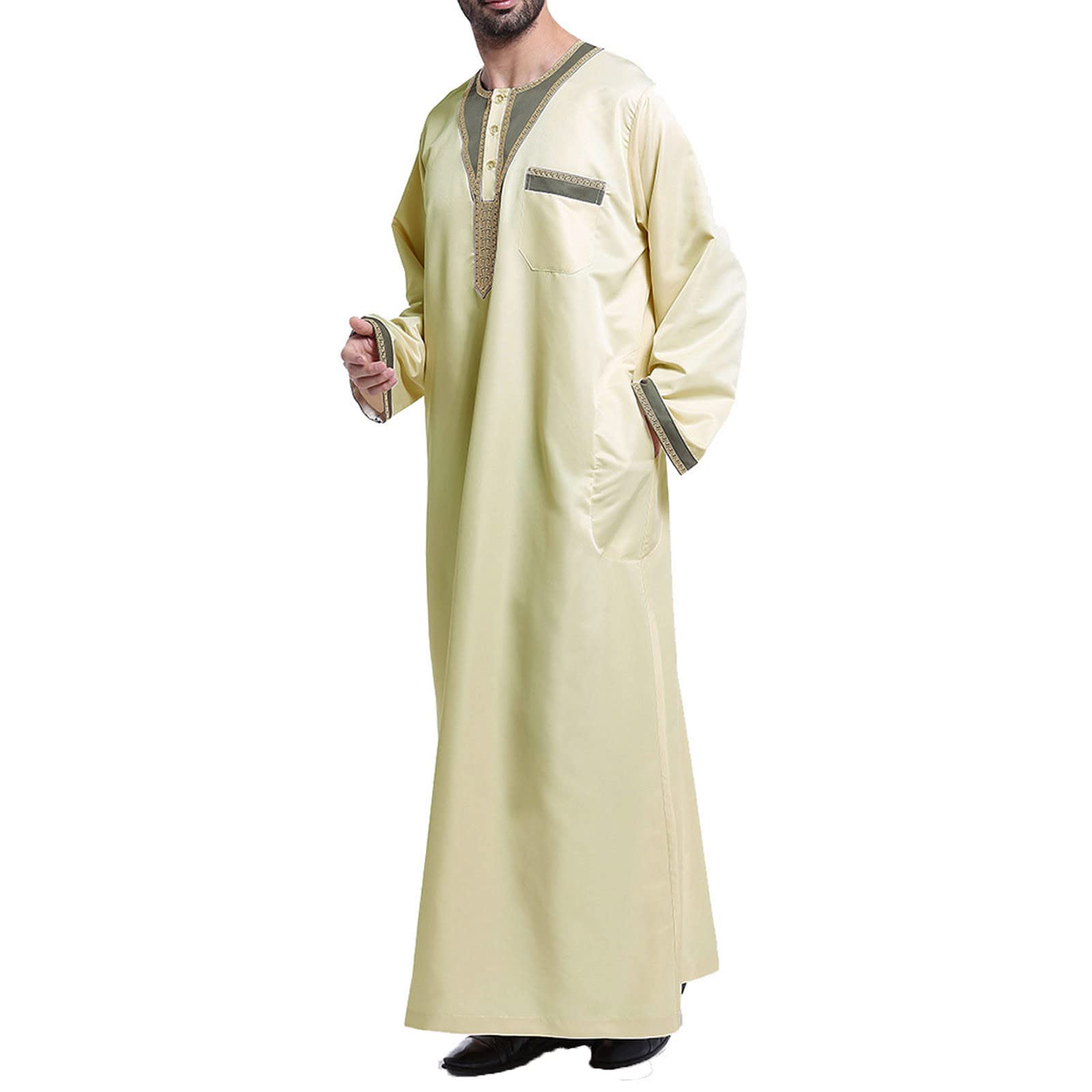 Cotton Long Sleeve Muslim Robes for Men 2023 Fashion Embroidered Standing Neck Pocket Long Thobe Casual Gown