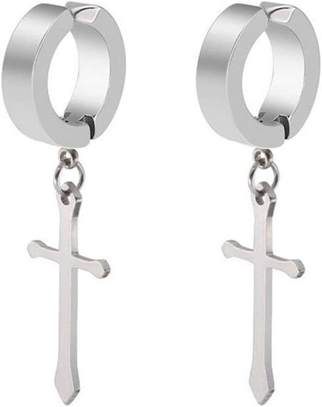Non-pierced Earrings Set for Men Women Cross Titanium Steel Hoop Dangle Clip On Earring