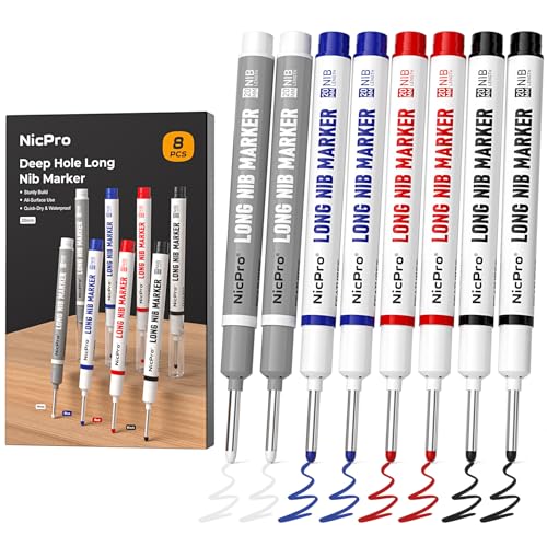 Nicpro 8 PCS Long Nib Marker Pens, 20mm Deep Hole Marker, Quick Dry & Waterproof Construction Markers, Long Head Markers for Metal, Steel, Tile, Glass, Carpenter Marking Pen for Woodworking (4 Colors)