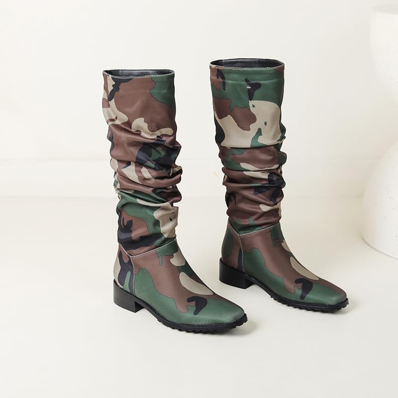 YIYA Women's Camouflage Slouchy Knee High Boots Square Toe Chunky Flat Heel Riding Combat Tall Pull On Boots3