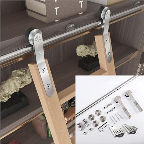 KLGFBDC Kit de herrajes para Escalera de Biblioteca de Acero Inoxidable de 2,4 m (8 pies) con riel Deslizante y Ruedas de Rodillos para el Suelo. Fácil de Instalar, Estable y para Uso domé