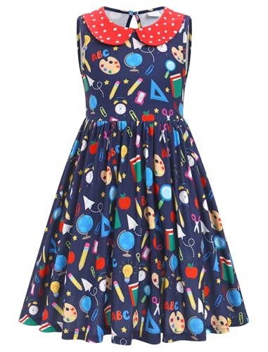ODASDO Girls Back to School Dress Pencil Printed Causal Sleeveless A-line Swing Twirly Dress Kids First Day of School Clothes