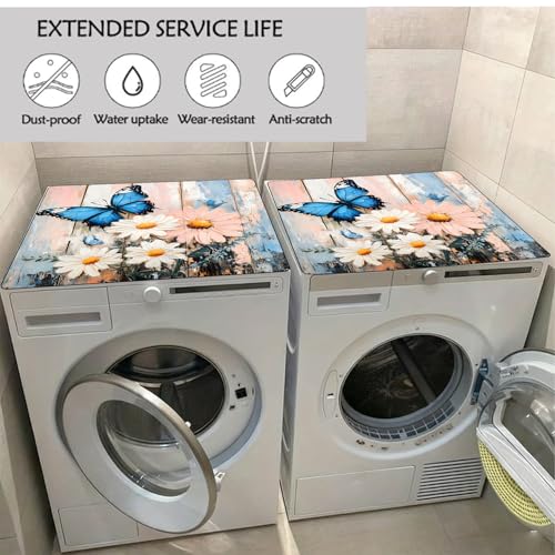 Image of Washer Dryer Top Cover Mat, Non-Slip Laundry Room Decor, Laundry Room Kitchen Appliance Decor Protector Universal 23.6 inchx19.7 inch (Blue Butterfly Daisy)