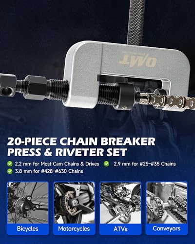 Image of Orion Motor Tech Motorcycle Chain Rivet Tool, 20pc Motorcycle Chain Tool Kit with Powder Coated C Frame 5 Pins Pre-Press Cap, Pro Bike ATV Motorcycle Chain Breaker Removal Tool for 25 to 630 Chains
