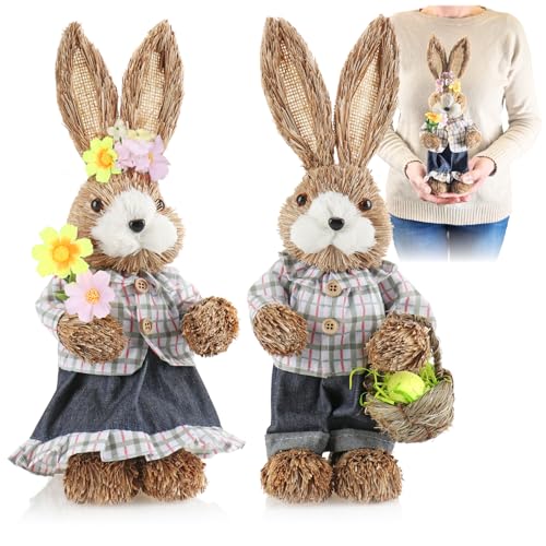 com-four® 2X Conejito de Pascua de Paja Hecho a Mano - Conejito de Pascua Decorativo para decoración de Pascua - Figuras de Paja para Pascua - Conejito (02 Piezas - Cuadros Blanco/Rojo/Verde)