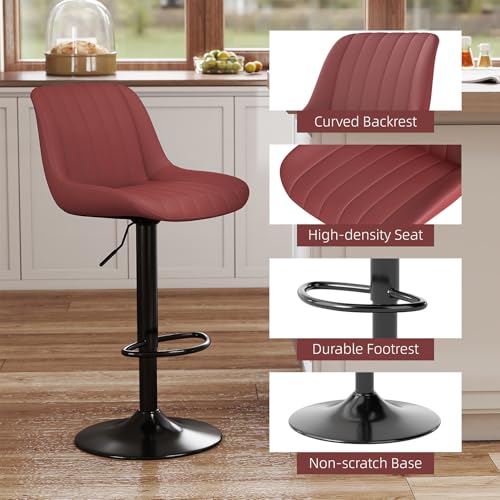 Image of Youhauchair Adjustable Faux Leather Bar Stools Set of 2, Red | Swivel, Counter Height, Back & Footrest, Armless, PU, Modern, Kitchen Island Stool, Upholstered Dining Room Chair