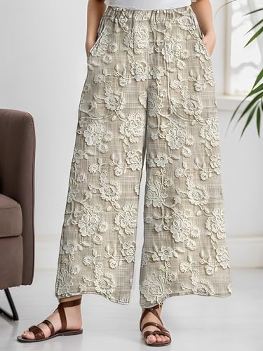 Womens Casual Boho Floral Elastic Waist Palazzo Pants 2025 Spring Summer Loose Flowy Long Wide Leg Slacks with Pockets2