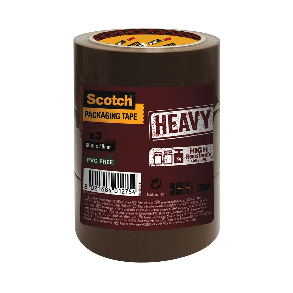 Scotch Ruban Adhésif pour Emballage de Cartons, 3 Rouleaux de Ruban d'Emballage Robuste, 50 mm x 66 m, Marron - Idéal pour la Fermeture de Colis et des Boîtes d'Expédition (Lot de 2)