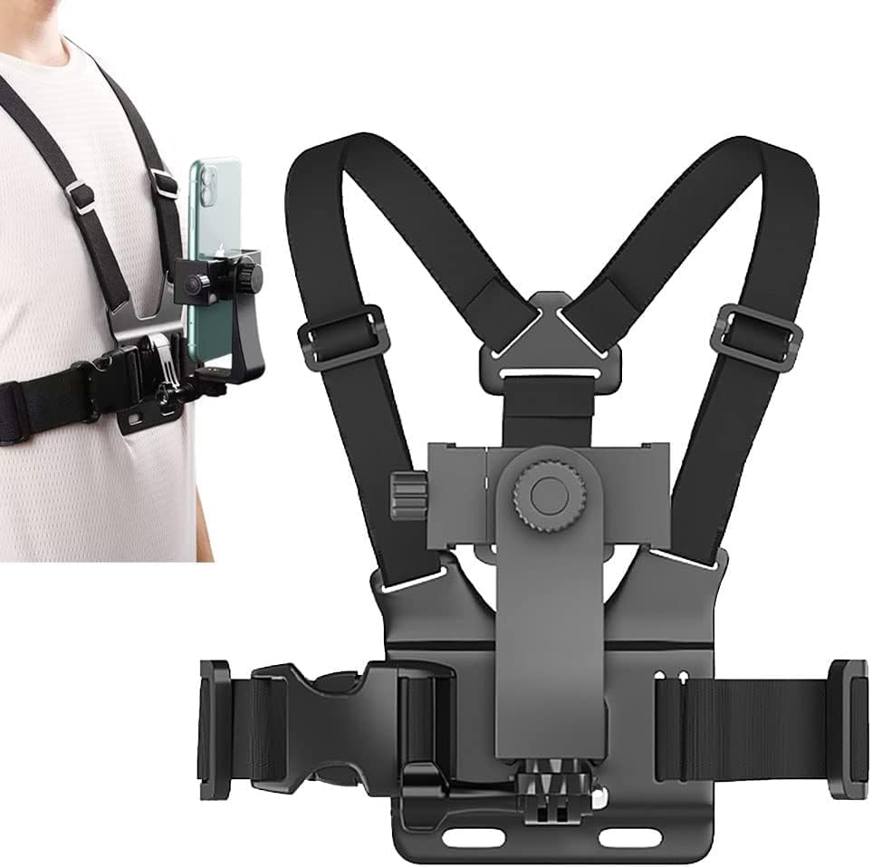 Product image of Adjustable Chest Strap Mount with Mobile Holder Clip & Screw Compatible with All Smart Phones Body Belt Harness for Gopro Hero, SJCAM, Yi & Other Action Cameras - Black