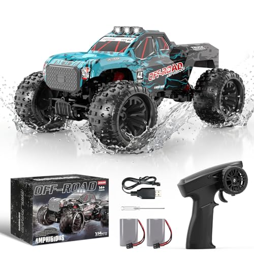 YESHIN Voiture télécommandée amphibie 1:14, 4WD RC véhicule Tout-Terrain avec lumière et 2 Batteries, 2,4 GHz, Cadeau pour Enfants et Adultes, Jouet pour Sable, Eau...