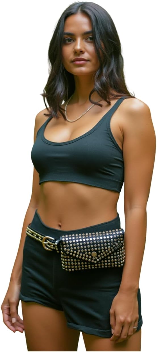 Women Fashion Skinny Belt Hip High Waist Silver Metal Studs + Mini Bag Wallet Size S M z037