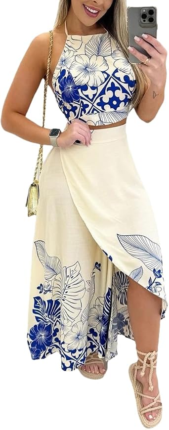 THLAI Womens 2 Piece Casual Sets Sleeveless Top Split Long Skirt Tropical Print Outfits
