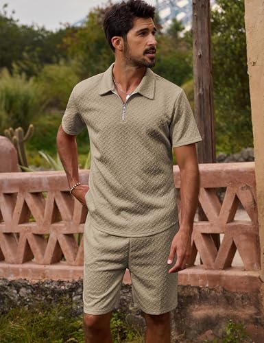Image of URRU Mens Textured Polo Shirt and Shorts Sets Outfits 2 Piece Summer Tracksuits Casual Quarter Zip Golf Polo Shirts