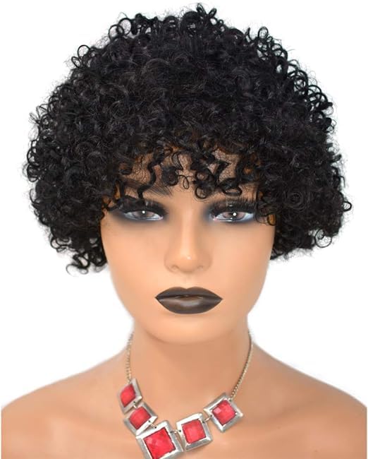 Afro Human Hair Wig with Bangs Short Kinky Curly Wigs for Black Women Natural Soft 100% Black Human Hair None Lace Front Glueless Wig 150% Density Full Cap Hairpieces for African