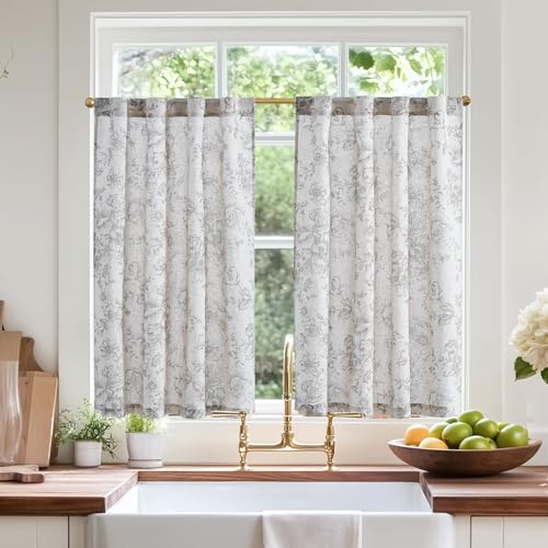 jinchan Linen Floral Tier Curtains 36 Inch Farmhouse Botanic Grey