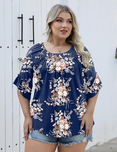 Image of Micoson Womens Plus Size Tops 3 /4 Ruffle Sleeve Crewneck Pleated Shirts