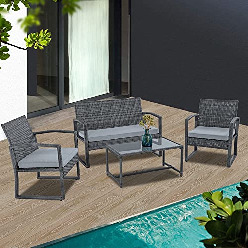 Image of Carry Bird 4 Piece PE Wicker Rattan Outdoor Furniture | 4 Seater Balcony Sofa With Tea Table | Set of 2+1+1 Outdoor Patio Chairs with Coffee Table | Sofa Sets & Center Table for Home & Garden | 3 Piece Patio Stools with Table | Indoor Patio Furniture Set Space Saving | Rattan Chair | Patio Set | Wicker Conversation Set | Poolside Lawn Arm Chairs Set For Balcony & Terrace | Balcony Table chair Set | Hotel Patio Seating Chair & Table Set with Glass | Grey Cushion - Grey Wicker