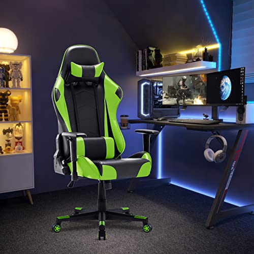 Sedia da Gaming, Ergonomica Sedia da Ufficio, Sedile Sport di Lusso Sedia Gamer, Reclinabile con Braccioli e Poggiatesta Cuscino Lombare, Sedia PC (Verde) - Sedia gaming - Immagine 1
