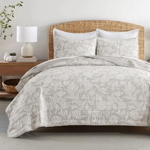 HORIMOTE HOME Floral Quilt Set Queen Size 3 Pieces, Taupe Flower Fine Printed Reversible Botanical Bedspreads Bedding Sets, Soft and Lightweight Bed Coverlet for All Season
