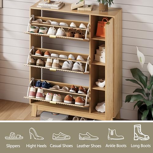 Image of Shoe Cabinet Storage for Entryway with 3 Flip Drawers & Side Cabinet, Fluted Narrow Shoe Organizer with Wooden Leg, Freestanding Shoe Storage Hidden Shoe Rack Organizer for Front Door Entrance, Oak