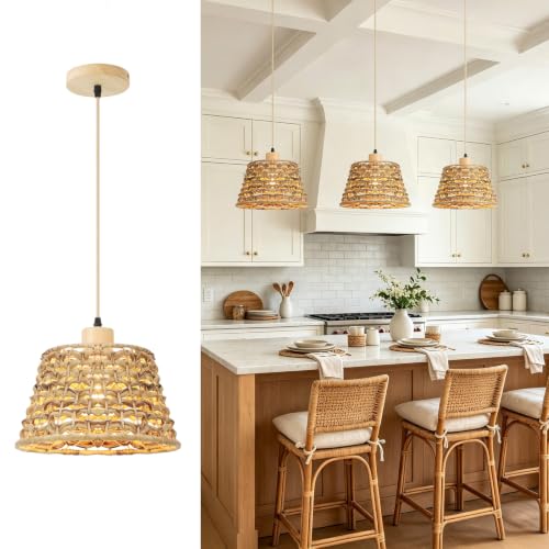 Karjearl Rattan Pendant Light, 12' Boho Wicker Hanging Light, Hand-Woven