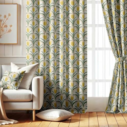 Vargottam Room Darkening Curtains - Floral Tulip Pattern, Set of 2 Panels, 52" x 84" - Grommet-Top Blackout Window/Door Drapes for Bedroom, Nursery & Living Room - Yellow