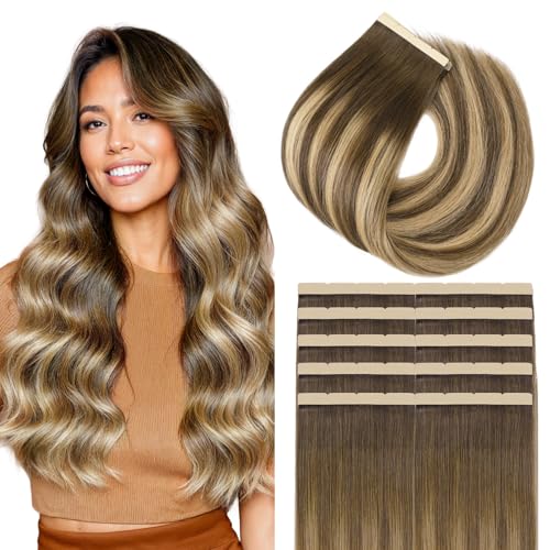 Image of GOO GOO Tape In Weft Hair Extensions Human Hair, 4 /27 /4 Balayage Chocolate Brown to Caramel Blonde, 8cm Wide Tape, 18inch 10pcs 50g, Tape Weft Hair Extensions, Seamless Tape in