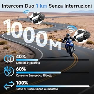 Moman Interfono Moto Singolo, H2S Auricolare Casco Moto 1000M Sistema di Comunicazione Riduzione del Rumore Tripla Audio Multifunzione Hi-Fi Stereo Radio FM Controllo Vocale AI IPX6 Impermeabile