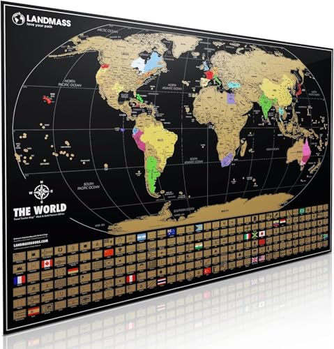 Landmass Scratch Off Map Of The World, Large 36x24 Inches Travel Tracker Map with World Capitals and...