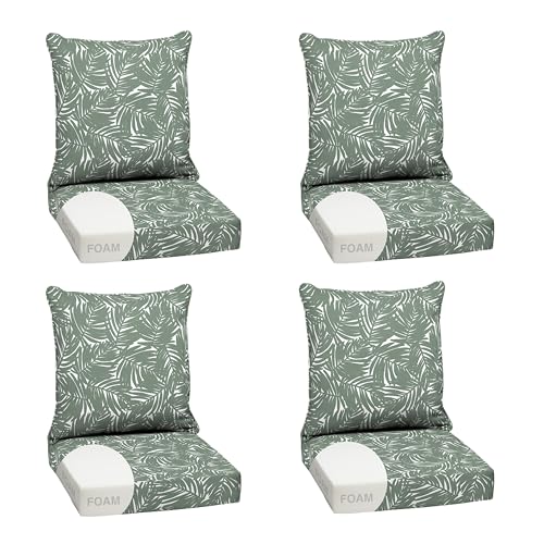 Image of Arden Outdoor Foam Deep Seat Cushion Set, 4-Pack, 24x24, Premium High-Density Foam, Never Flattens, Weather-Proof for Patio Chair Sofa Couch, Sage King Palm