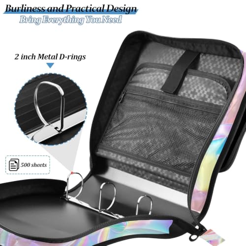 Image of Custom 3 Ring Zipper Binder Holographic Rainbow Neon Personalized Name 1.5 Inch Binders Large Capacity Multi Pockets for School Office Supplies