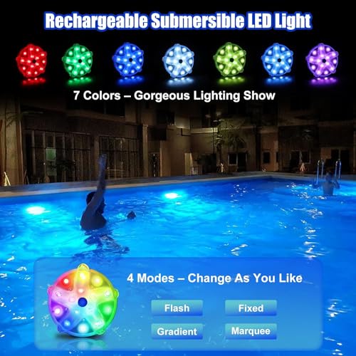 LanPool Rechargeable Floating Pool Lights, Submersible Led Pool Lights for Inground Pool with Magetic, Underwater Pool Lights for Above Ground Pools Waterproof, Floating Hot Tub Lights for Spa-2PCS - Thumbnail 5