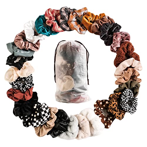 VIEWLAP 30Pcs Winter Silk Fake Fur Velvet Scrunchies for Women Girls Colorful Hair Scrunchies Elastic Hair Ties Hair Accessories with Gift Bag