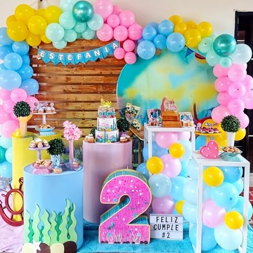 Image of Colorful Cartoon Shark Balloons, 60PCS Pastel Pink Green Blue Yellow Clear Metallic Dark Green Latex Balloons for Ocean Baby Shower Under the Sea Birthday Theme Party Decorations Supplies