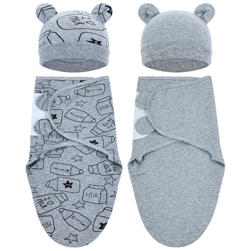 Image of Cinaci 2 Pack Adjustable Soft Cotton Blend Newborn Baby Receiving Swaddle Blankets Sleep Sacks with Nursery Hats Caps Beanies Bonnets for Baby Girls Boys Newborns Infants