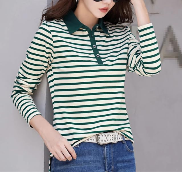 REHJJDFD Femmes Manches Longues Rayé Coton Polo Stretch Slim Tricoté Taille Shirt Top