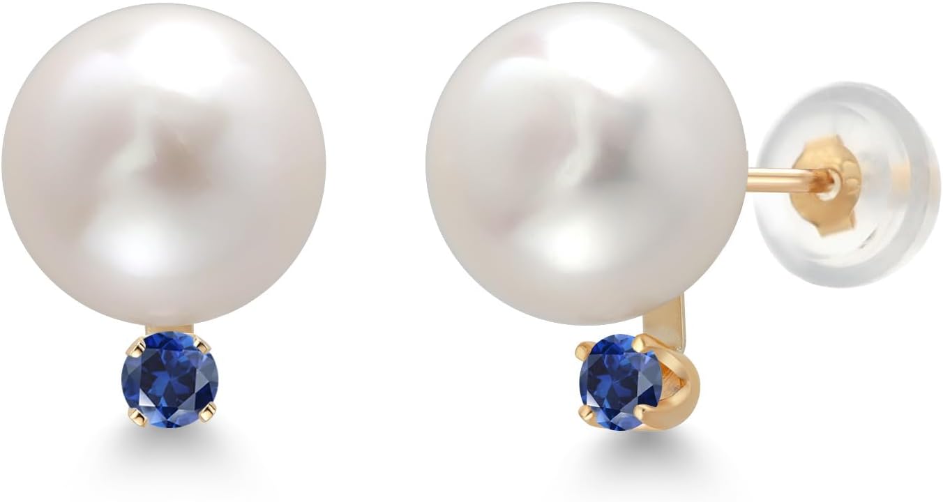 Gem Stone King 14K Yellow Gold Cultured Freshwater Pearls and Blue Created Sapphire Stud Earrings For Women (Pearl: 6.5MM, Sapphire: 0.10 Cttw, Round 2.5MM)