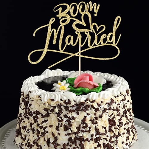 Sodasos Boom! Married Wedding Cake Topper,Funny Cake Topper, Quirky, Nerdy Topper，Married Cake Topper，Bridal Shower，Theme Wedding Party Supplies (Gold) #TOP5