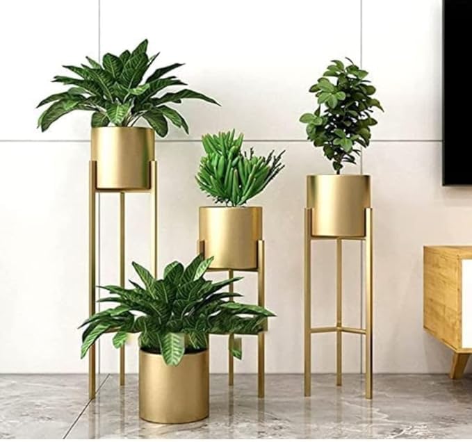 Modern Metal Floor Flower Pot Stands Planter for Living Room, Bedroom Display | Plant Stand | Tall Indoor Plant Stand with Planter Pot -Set of 3 (Gold) (B0D66CK2V4) Amazon Price History, Amazon Price Tracker
