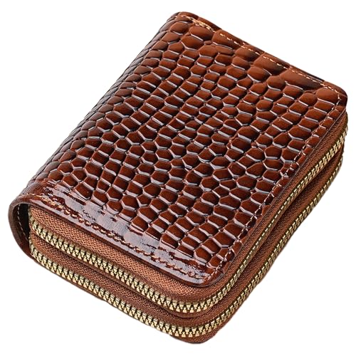 Crocodile Pattern PU Leather Card Holder, Double Zippered Coin Purse with Multiple Slots, Compact Wallet for Cards and Cash, Portable Small Purse for Men and Women (Brown)