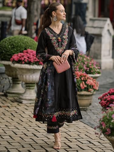 Image of INDO ERA Women's Silk Blend Embroidered Anarkali Kurta & Pant with Dupatta Set