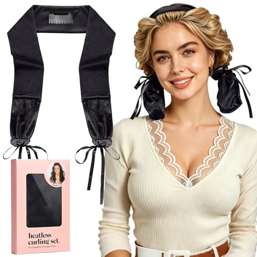 No-Heat Hair Curlers to Sleep in Soft Ribbon Hair Curling Tie to Create Natural Bouncy Waves Damage-Free Heatless Curls Overnight Sleeping Curling Headband for Women Long/Medium Hair (Black)