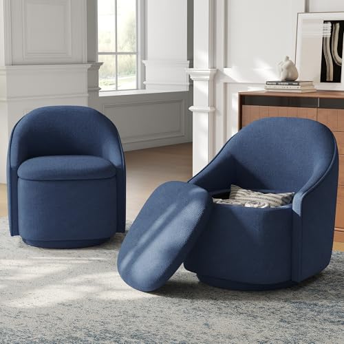 LINSY Swivel Accent Chair Set of 2, Comfy Chenille Barrel Chairs with Storage 360 Swivel Modern Armchair for Living Room Bedroom, Small Boucle Reading Chair for Study Room (Blue)