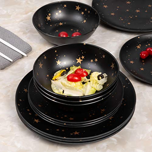 Melamine Dinnerware Sets For 4,12 Piece Plates And Bowls Sets - Bpa Free, Dishwasher Safe, Outdoor Indoor Use,Star Pattern #TOP5