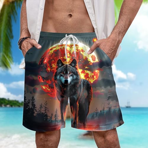 Wolf Lovers Men's Swim Trunks - Mighty Wolf Hawaiian Shorts for Men, Men's Summer Bathing Shorts Set 412