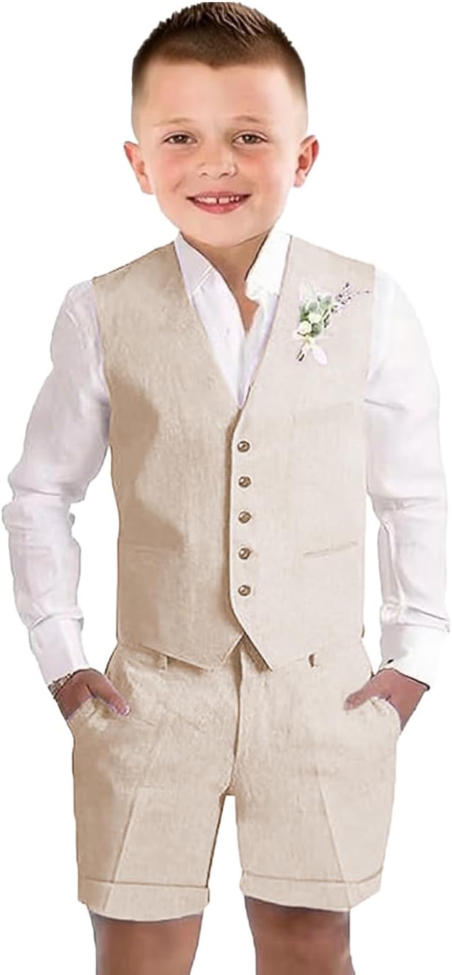 Boys 2 Piece Linen Vest Short Pants Suits Toddler Tuxedo Suit Set for Teen Boys Kids Wedding Summer