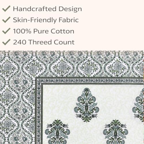 Image of elanorhomes 240 TC Pure 100% Cotton Single Bedsheet (60x90 Inches) with 1 Pillow Cover | Ultra-Soft, Breathable & Skin-Friendly | Lightweight & Durable, Green Fulwari Print