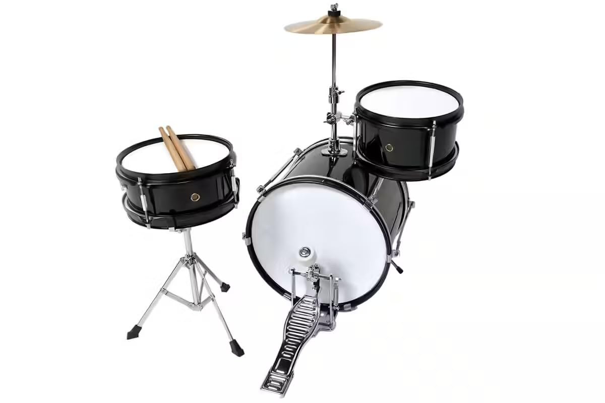 Woodbrass DSJ90B - Batteria per bambini completa 3+ anni, mini kit batteria acustica Junior con sedile, pedale, piatto 8", Tom e cassa chiara, batteria per bambini principianti, colore: nero
