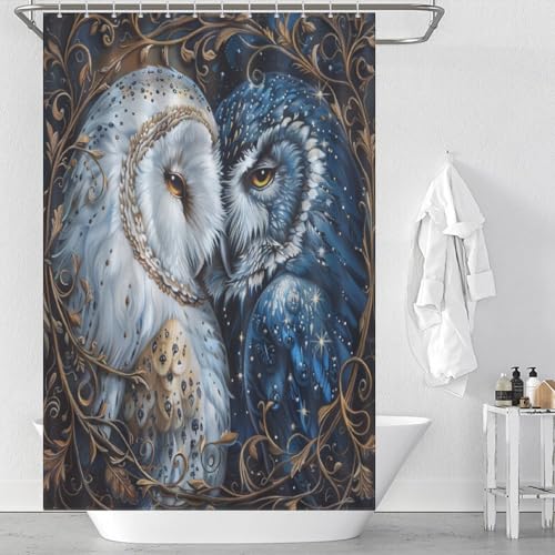 HDESDIS Vintage Art Deco Shower Curtain, Fantasy Star Floral Owl Bird Bathroom Curtain for Rustic Fa